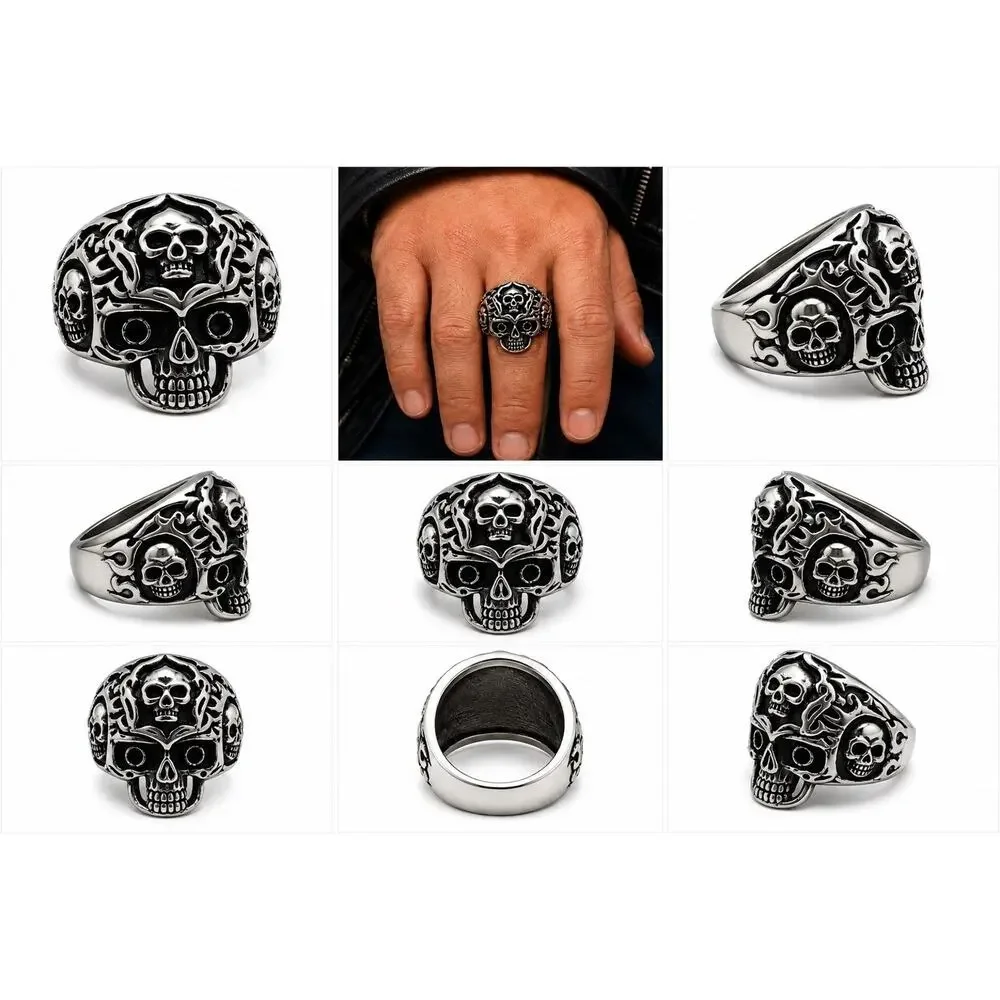 316L Stainless Steel silver gothic biker skull ring men’s size 9